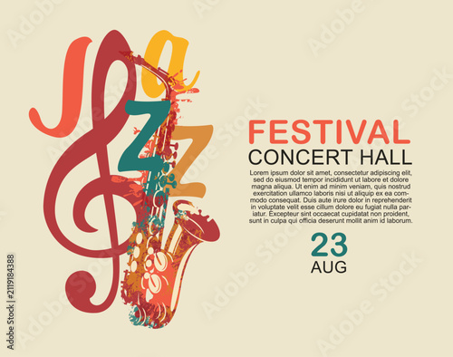 Photography Vector colored poster or banner for a jazz music with a saxophone, treble clef and decorative lettering