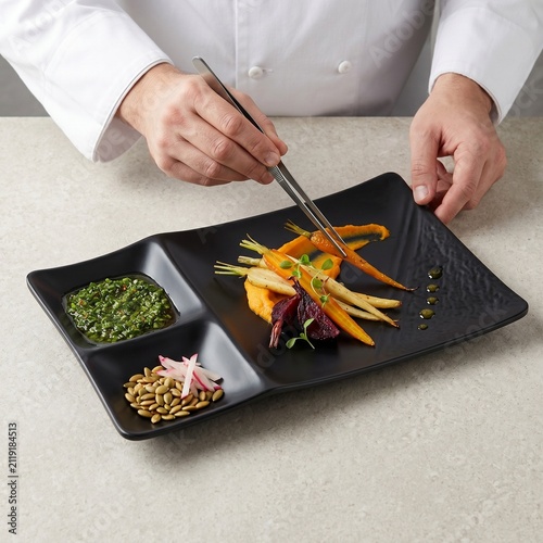 Black melamine compartment serving tray with healthy appetizer platter