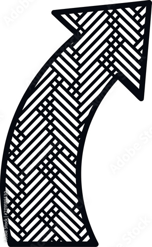 Black curved arrow icon with a hand drawn crosshatch pattern texture