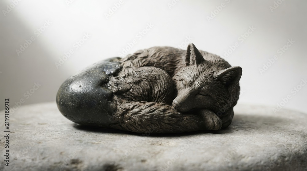 Fototapeta premium Small carved stone fox sleeping on a rock