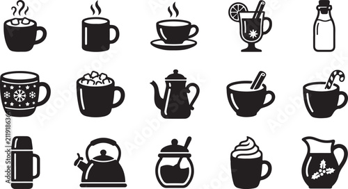 Canvastavla Set of black and white icons representing hot drinks coffee tea and winter holid