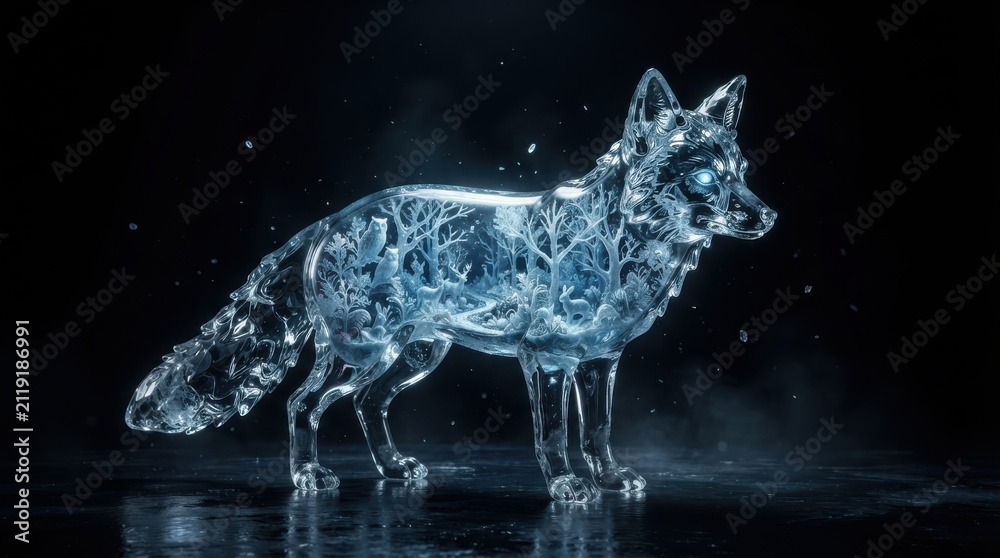 Fototapeta premium Crystal fox sculpture with forest silhouette inside