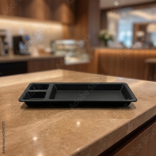 Chef serving a freshly prepared meal into a black compartment food tray in a commercial kitchen. Ideal for restaurants, cafeterias, catering services, hospitals, schools, meal preparation, food servic