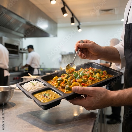 Chef serving a freshly prepared meal into a black compartment food tray in a commercial kitchen. Ideal for restaurants, cafeterias, catering services, hospitals, schools, meal preparation, food servic