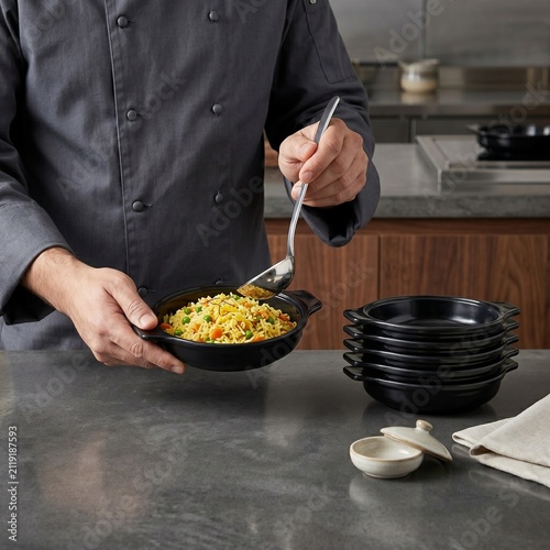 Black cast iron serving bowls with assorted dishes on modern kitchen countertop