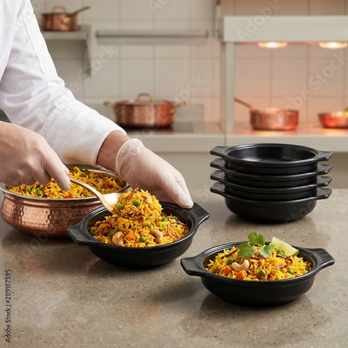 Black cast iron serving bowls with assorted dishes on modern kitchen countertop