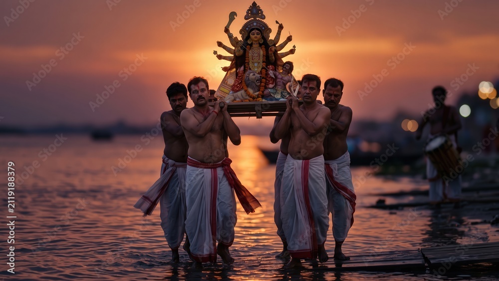 Fototapeta premium Durga Visarjan Procession – Bijoya Dashami Idol Immersion at Sunset