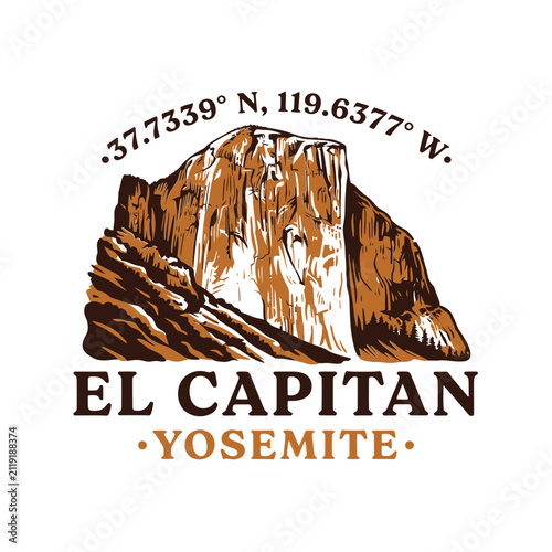 Bild auf Leinwand El Capitan Rock Formation Vintage Style Vector Illustration With Coordinates