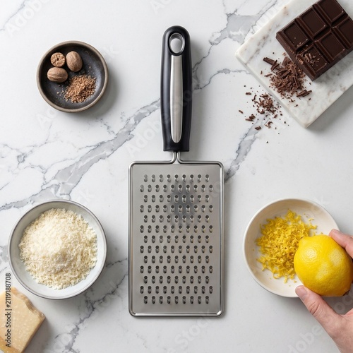 Stainless steel hand grater with ergonomic handle on dark background