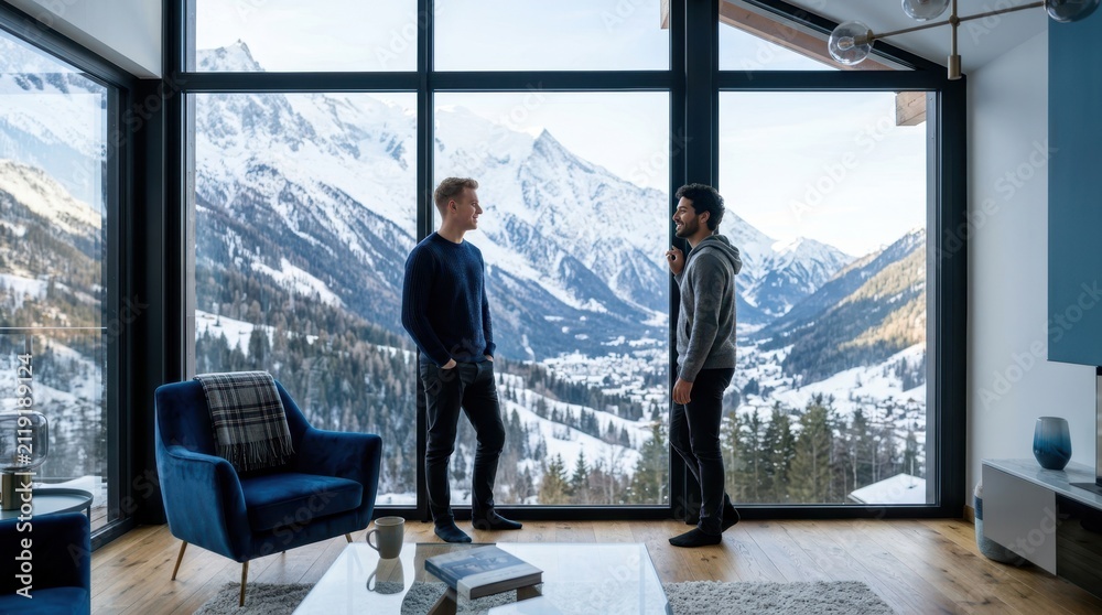 Fototapeta premium Two men conversing in a modern living room with stunning mountain views