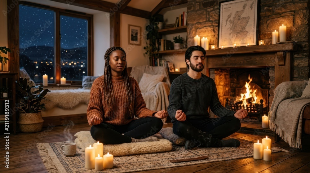 Obraz premium Couple meditating peacefully by a cozy fireplace on a snowy winter evening