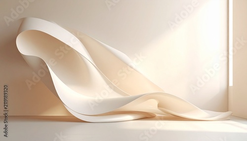 Elegant Flowing Creamy Abstract 3D Fabric Shape on a Minimalist Background with Soft Lighting