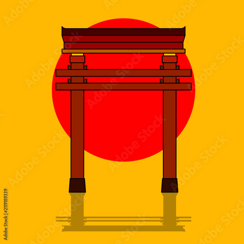 Flat vector illustration of a traditional Japanese Torii gate with a large red sun in the background. Minimalist Asian cultural landmark icon for travel design.