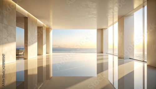 Luxuriously designed modern empty luxury room overlooking serene ocean at sunset