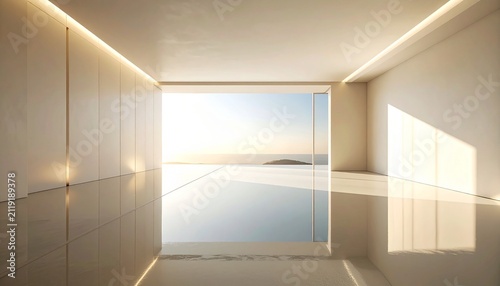 Minimalist Bright Interior Living Space with Expansive Ocean Horizon View at Sunset