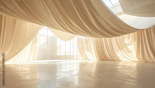 Minimalist interior space with flowing beige fabric drapes hanging from the ceiling in soft natural light