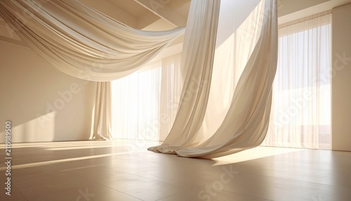 Minimalist Bright Interior Space Featuring Elegant Flowing Curtains and Soft Natural Sunlight