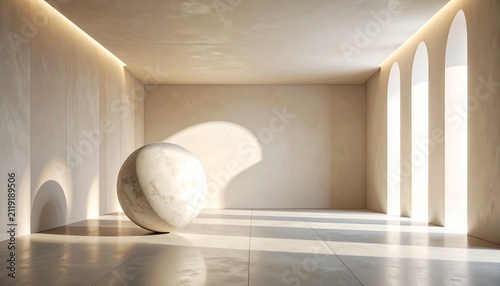 Minimalist Surreal Architecture Interior featuring a Large Stone Sphere with Soft Natural Lighting and Shadows