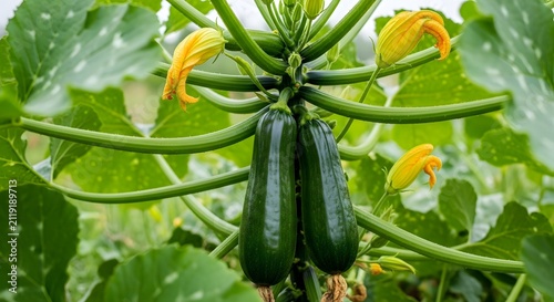 Fresh green zucchini squash growing on a plant with yellow flowers in a home garden