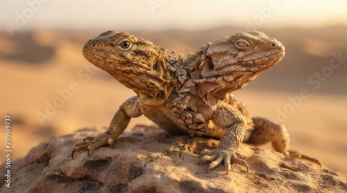 Two-headed lizard on a rock in the desert