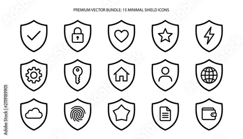 Quadro su tela Set of fifteen thin line shield icons representing various security and protecti