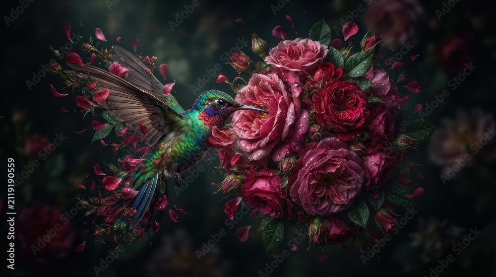 Naklejka premium Hummingbird hovering near vibrant red rose bouquet