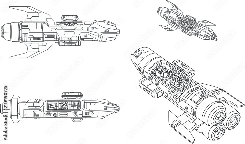 Obraz premium Spaceship blueprint vector set, sci-fi futuristic starship lineart schematic orthographic and perspective views