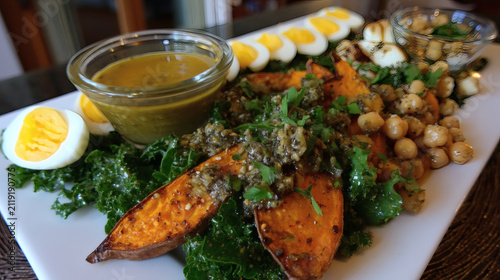 flat-lay 3D illustration of a customizable lunch bowl. The base main course consists of roasted sweet potato and kale, with various protein add-ons like hard-boiled eggs and chickpeas shown 