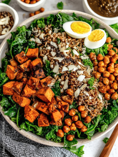 flat-lay 3D illustration of a customizable lunch bowl. The base main course consists of roasted sweet potato and kale, with various protein add-ons like hard-boiled eggs and chickpeas shown 
