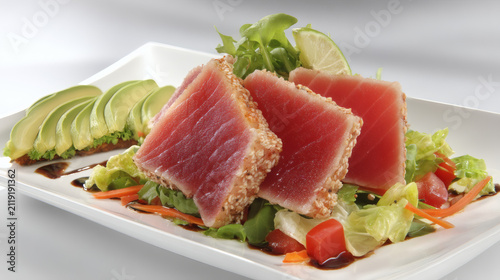 render of an elegant lunch pairing. A starter of avocado toast slices sits next to a main dish of pan-seared tuna with garden greens. The lighting is soft and bright, highlighting the fresh 