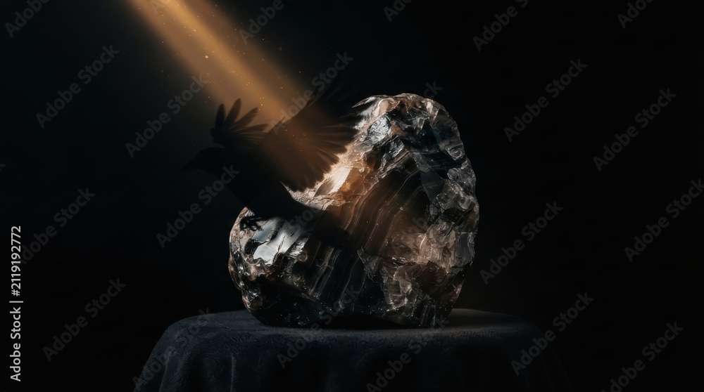 Obraz premium Raven silhouette emerging from a dark crystal stone