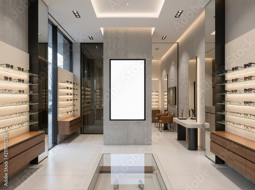 Clear vision: A blank LED screen on a concrete wall - walnut wood and glass for displaying glasses and visual elegance in 8K resolution