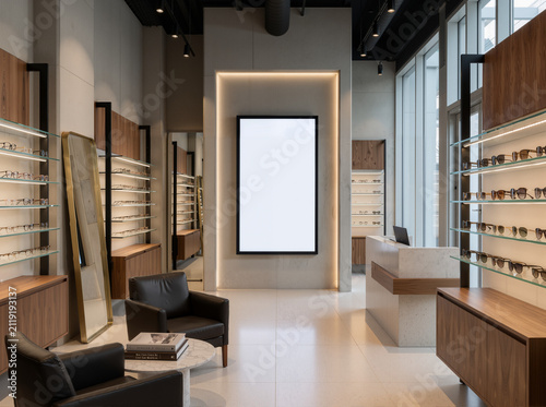 Clear vision: A blank LED screen on a concrete wall - walnut wood and glass for displaying glasses and visual elegance in 8K resolution