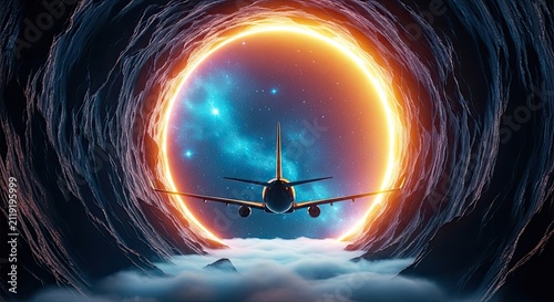 A futuristic commercial airliner embarks on an extraordinary journey through a cosmic wormhole, symbolizing travel to new dimensions and the unknown frontiers of space exploration
