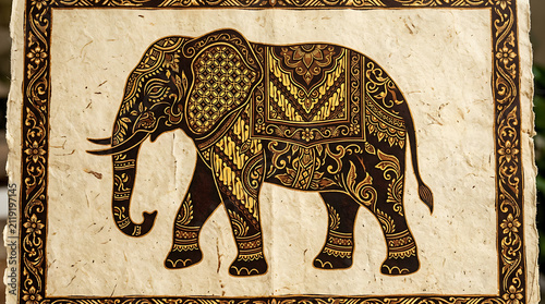 Ornate Thai Traditional Elephant Artwork Featuring Intricate Gold and Black Decorative Floral Patterns on Handmade Textured Paper