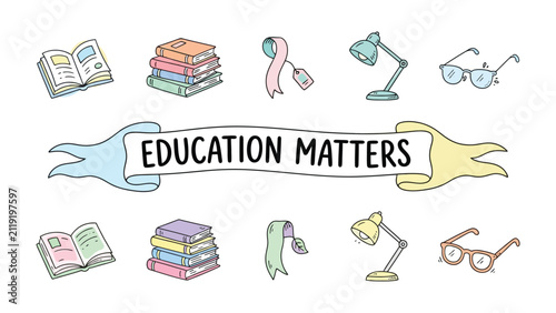 Canvastavla Education Matters: A collection of hand-drawn illustrations depicting essential learning tools and resources, centered around a banner proclaiming Education Matters