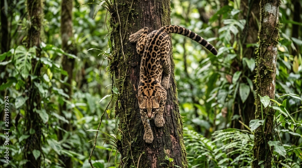 Fototapeta premium margay descending tree trunk