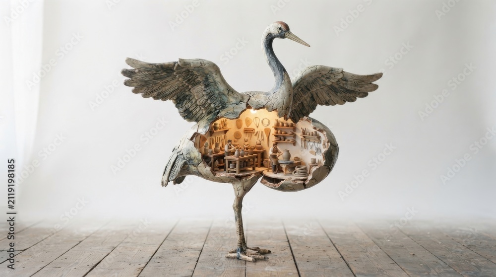 Obraz premium Sculptural crane bird with miniature pottery studio interior