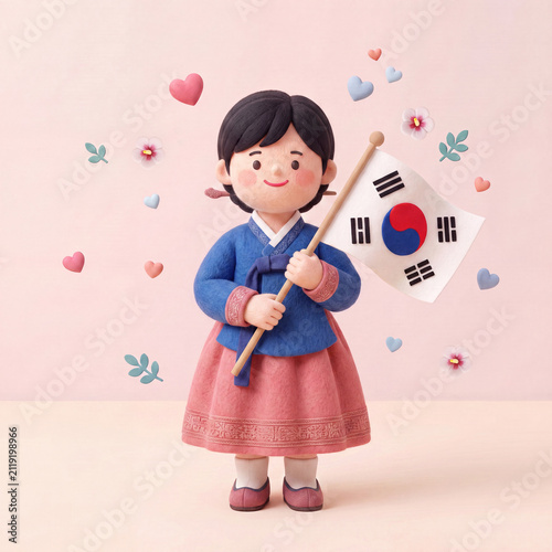단아한 한복을 입고 태극기를 들고 있는 여성 3D 클레이 캐릭터