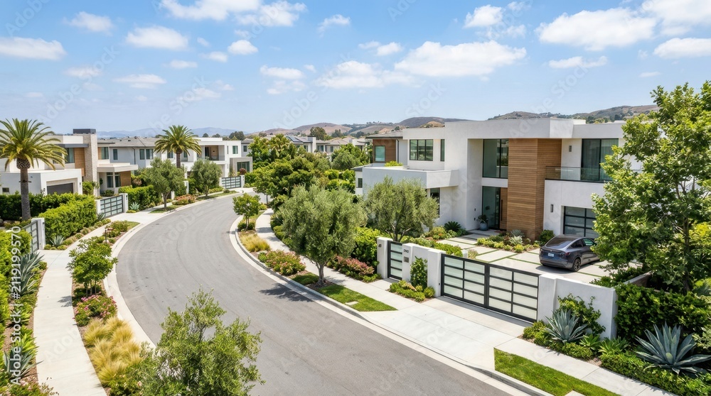 Fototapeta premium Modern luxury homes line a winding road in a scenic suburban neighborhood