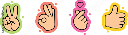 Set of colorful hand gesture stickers including peace sign okay sign finger heart and thumbs up