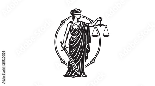 Lady Justice blindfolded holding scales and sword, classic legal symbol of fairness and law, vintage woodcut style vector illustration for law firms