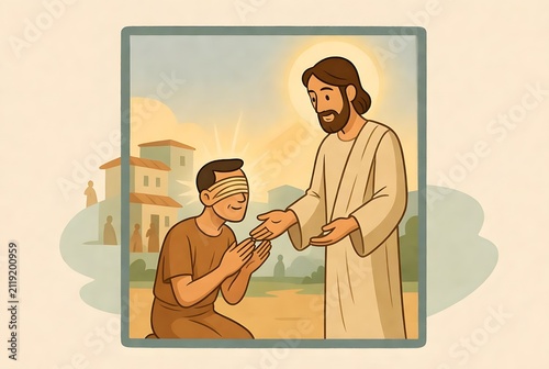 Jesus healed and restored sight to the blind as an approachable Bible story poster made for young learners, the environment showing a simplified biblical village background within a classroom display 