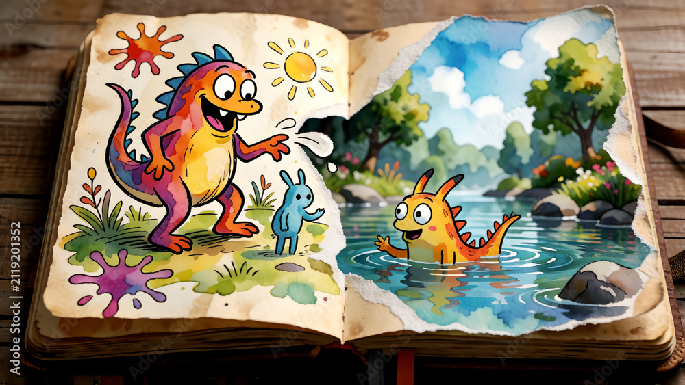 Obraz premium Open storybook with colorful watercolor illustrations of cute monsters and a river landscape.