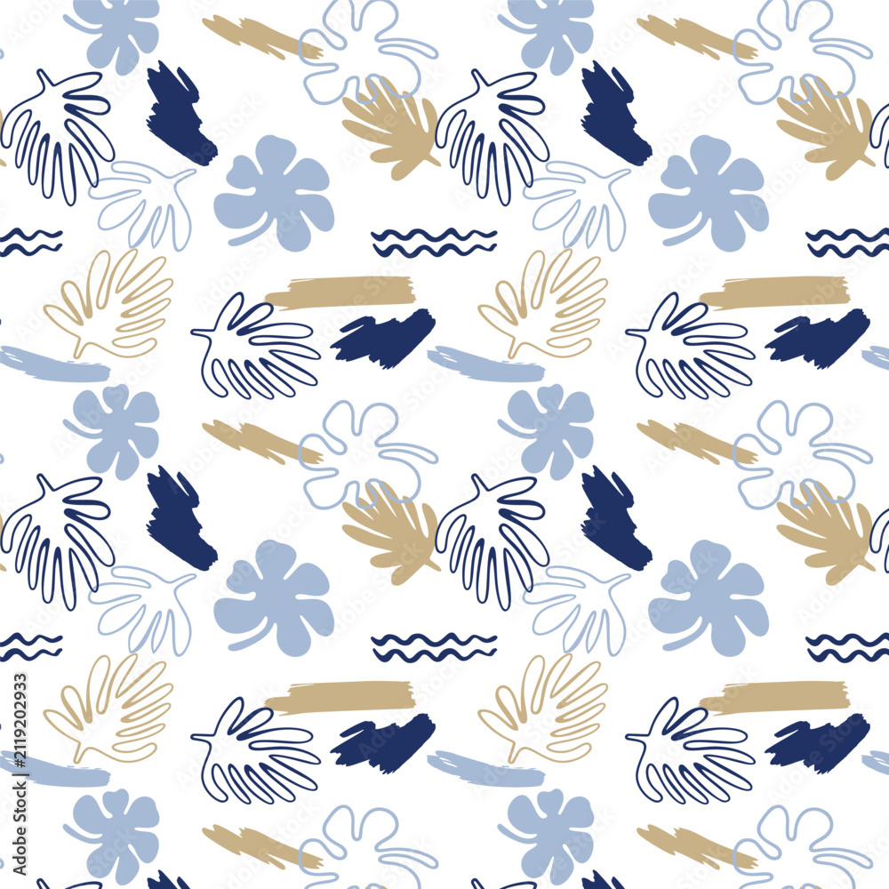 Fototapeta premium Abstract Tropical Leaf Seamless Pattern Featuring Modern Botanical Shapes, Hand Drawn Monstera Leaves, Organic Brush Strokes and Minimal Floral Elements for Fabric, Wallpaper, Textile Prints.