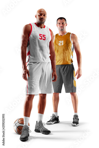 Two basketball players standing side by side. Basketball. Sports emotions. In white background