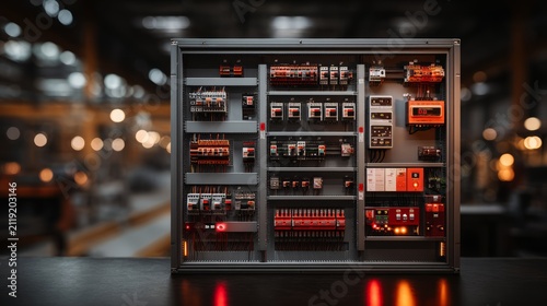 Industrial electrical control panel with circuit breakers and safety devices close-up