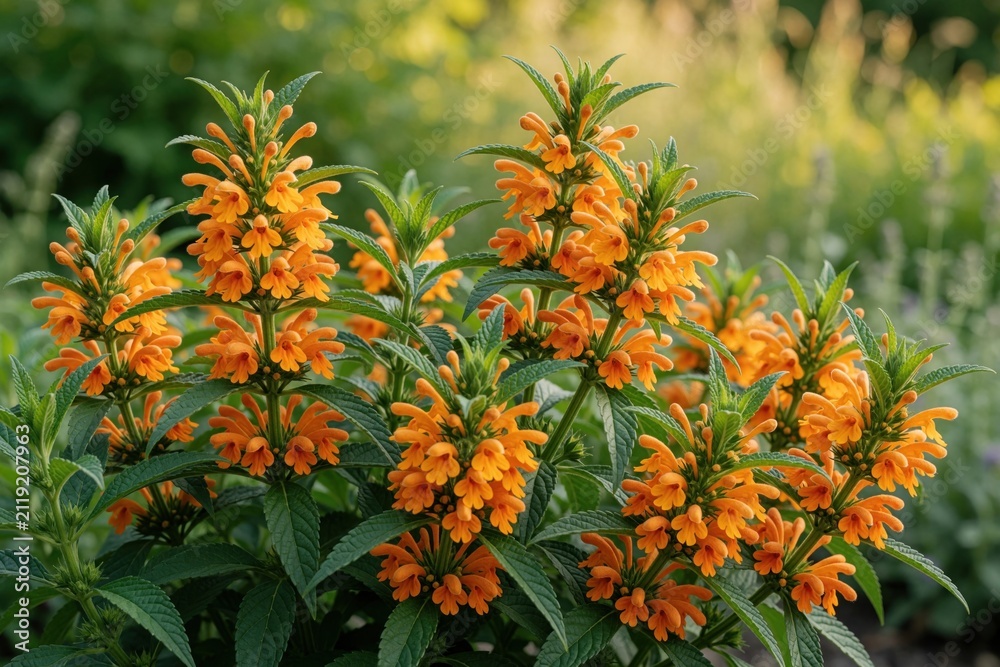 Fototapeta premium Close up view of blooming Lion Tail plant with vibrant orange flowers. Green foliage complements bright petals. Soft bokeh background suggests garden setting. Plant grows upright.