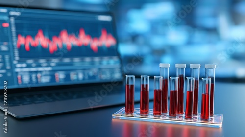 Laboratory test tubes with red liquid and financial graph on laptop screen