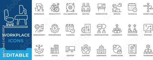 Workplace Office Corporate Teamwork Icon Set editable vectors for remote collaboration workstation productivity and business management